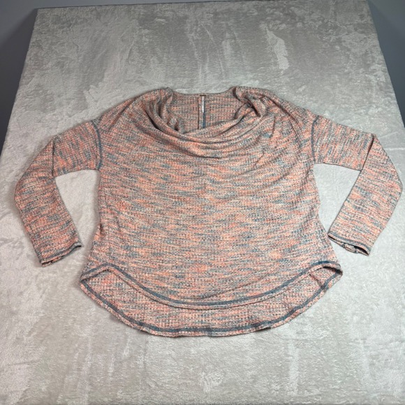 Free People Tops - Free People Women Large Cowl Neck Thermal Waffle Knit Button Cuff Top Coral Teal